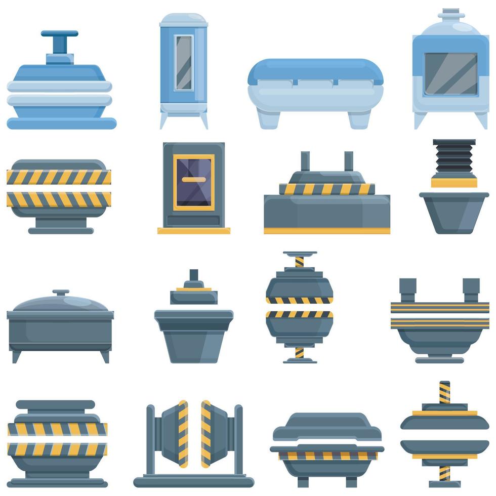 Conjunto de iconos de máquinas de formulario de prensa, estilo de dibujos animados vector