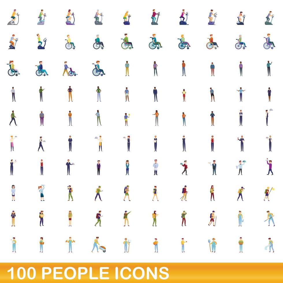 100 personas, conjunto de iconos de estilo de dibujos animados vector