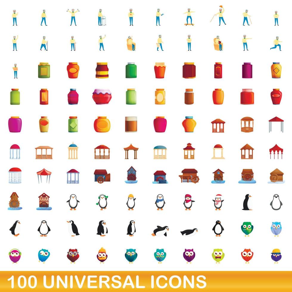 100 iconos universales, estilo de dibujos animados vector