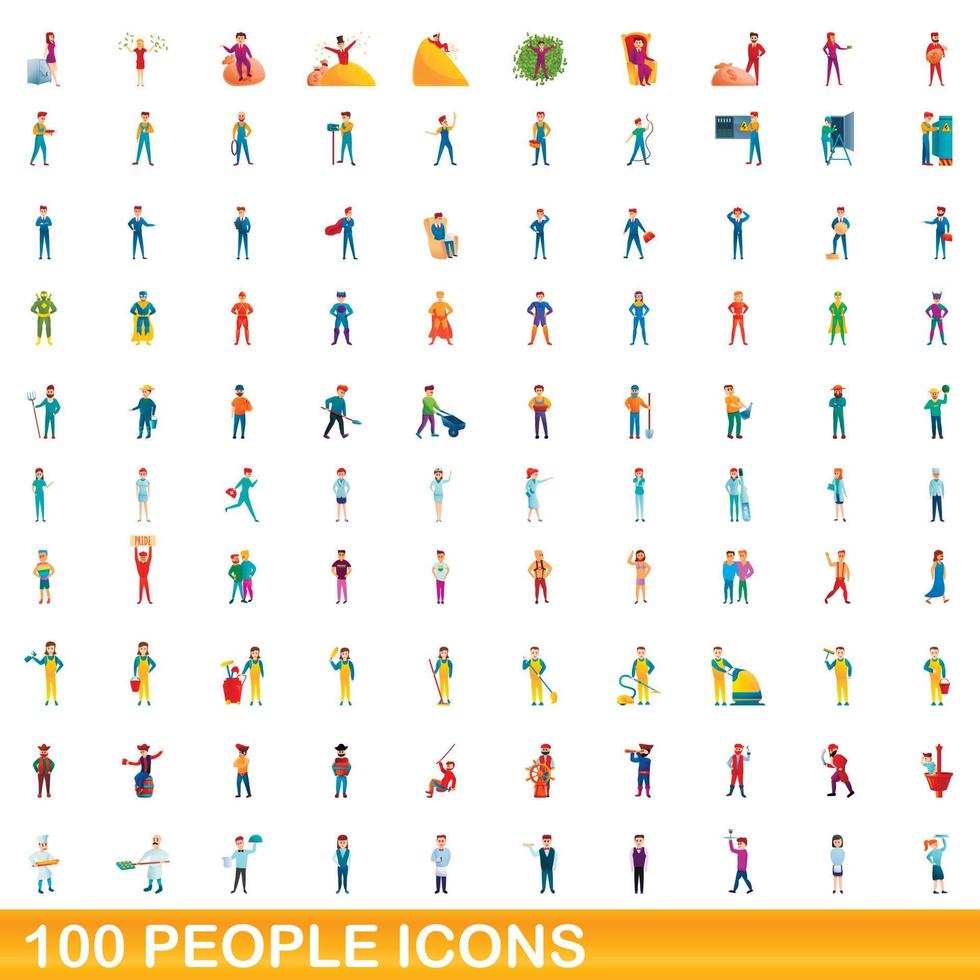 100 people icons set, cartoon style vector