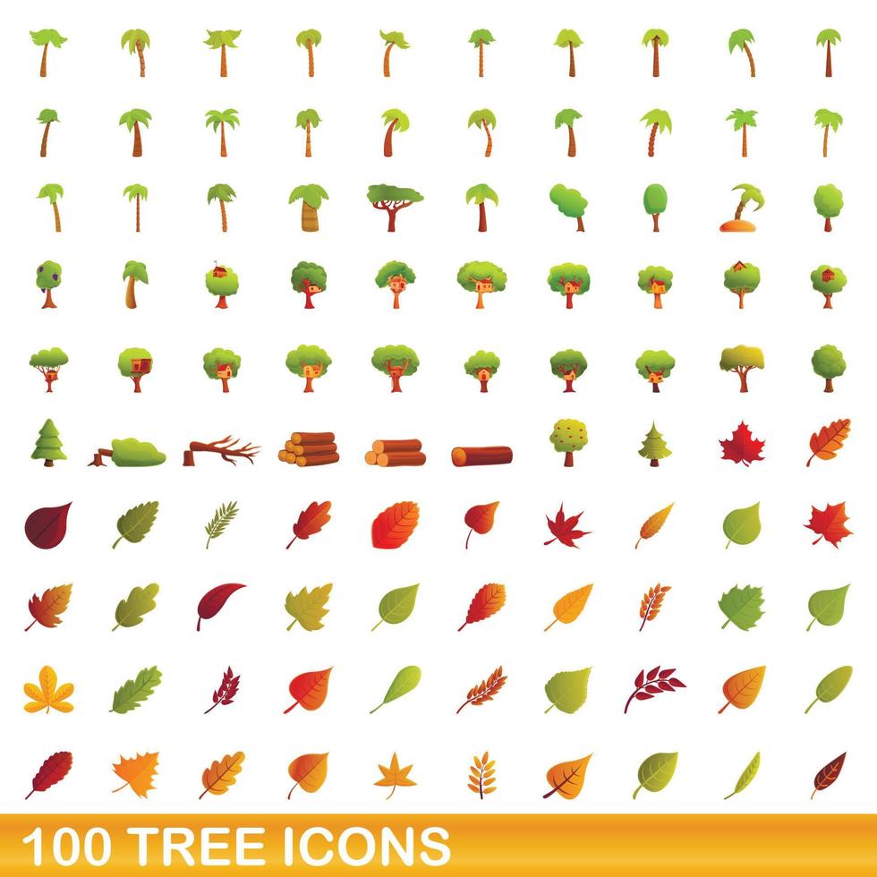 100 árbol, conjunto de iconos de estilo de dibujos animados vector