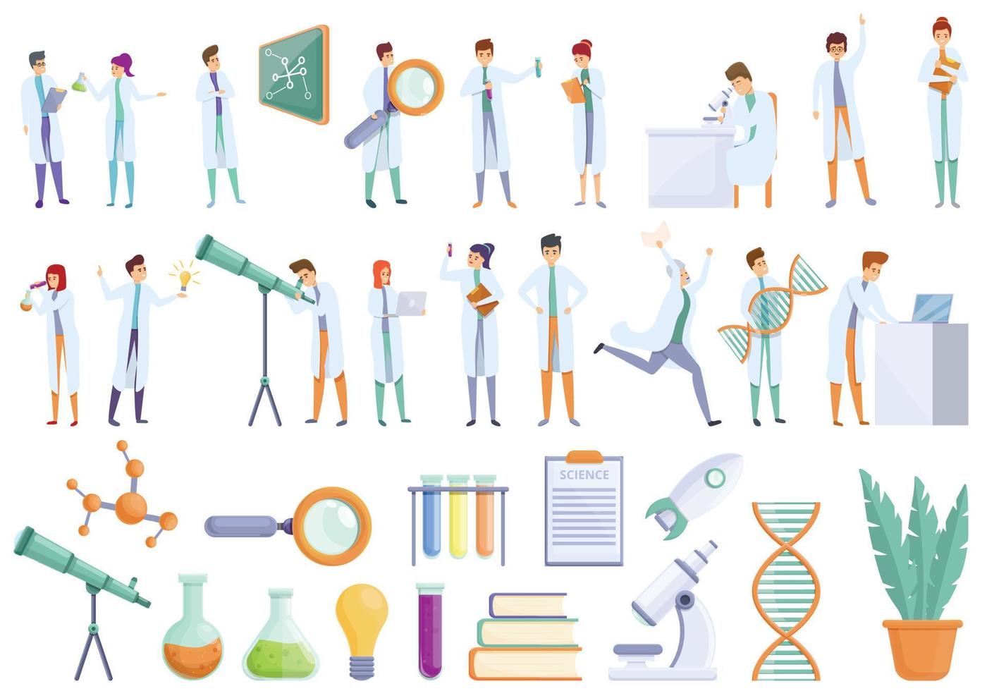 Research scientist icons set, cartoon style vector