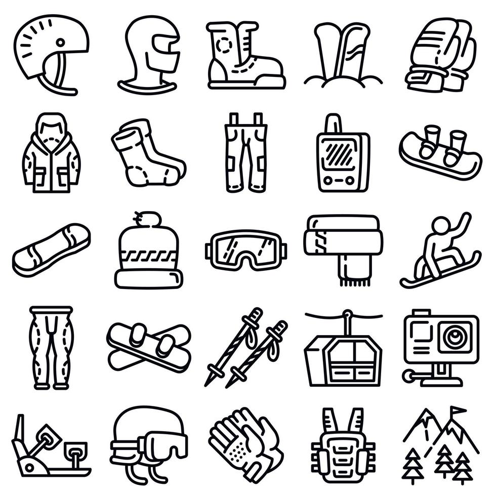 Snowboarding equipment icons set, outline style vector