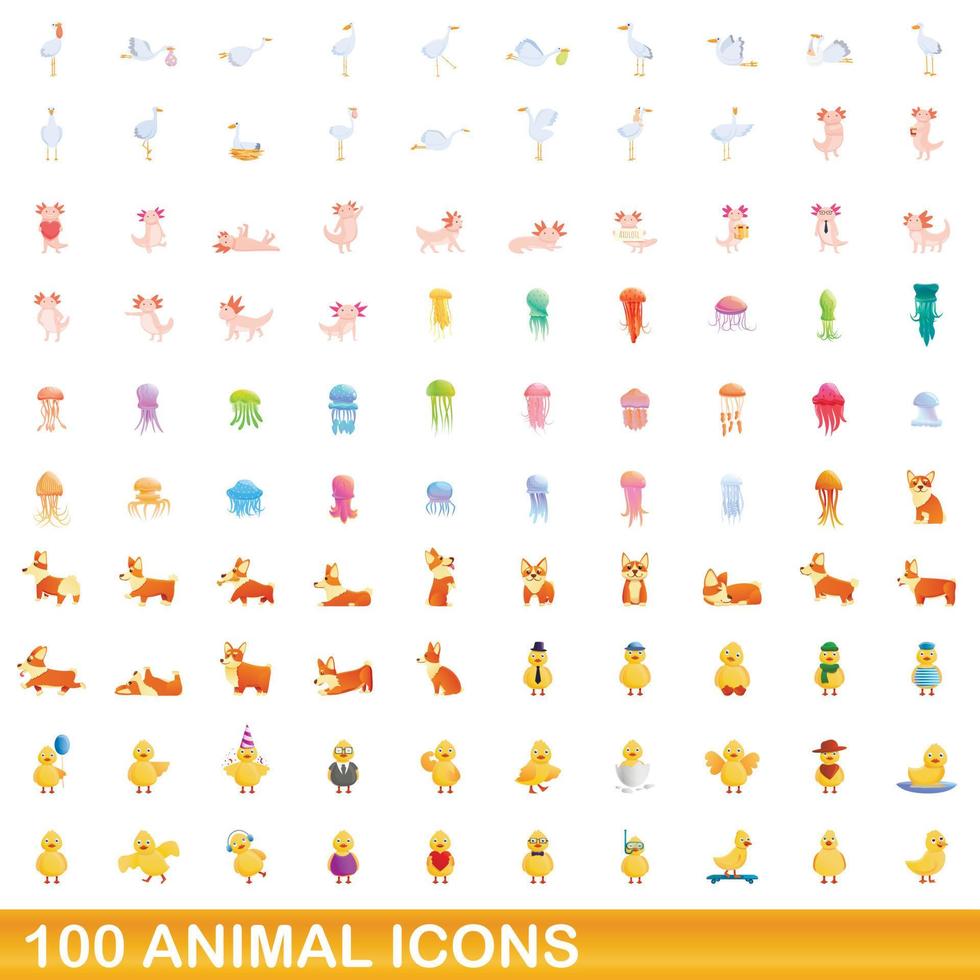 100 animal icons set, cartoon style vector