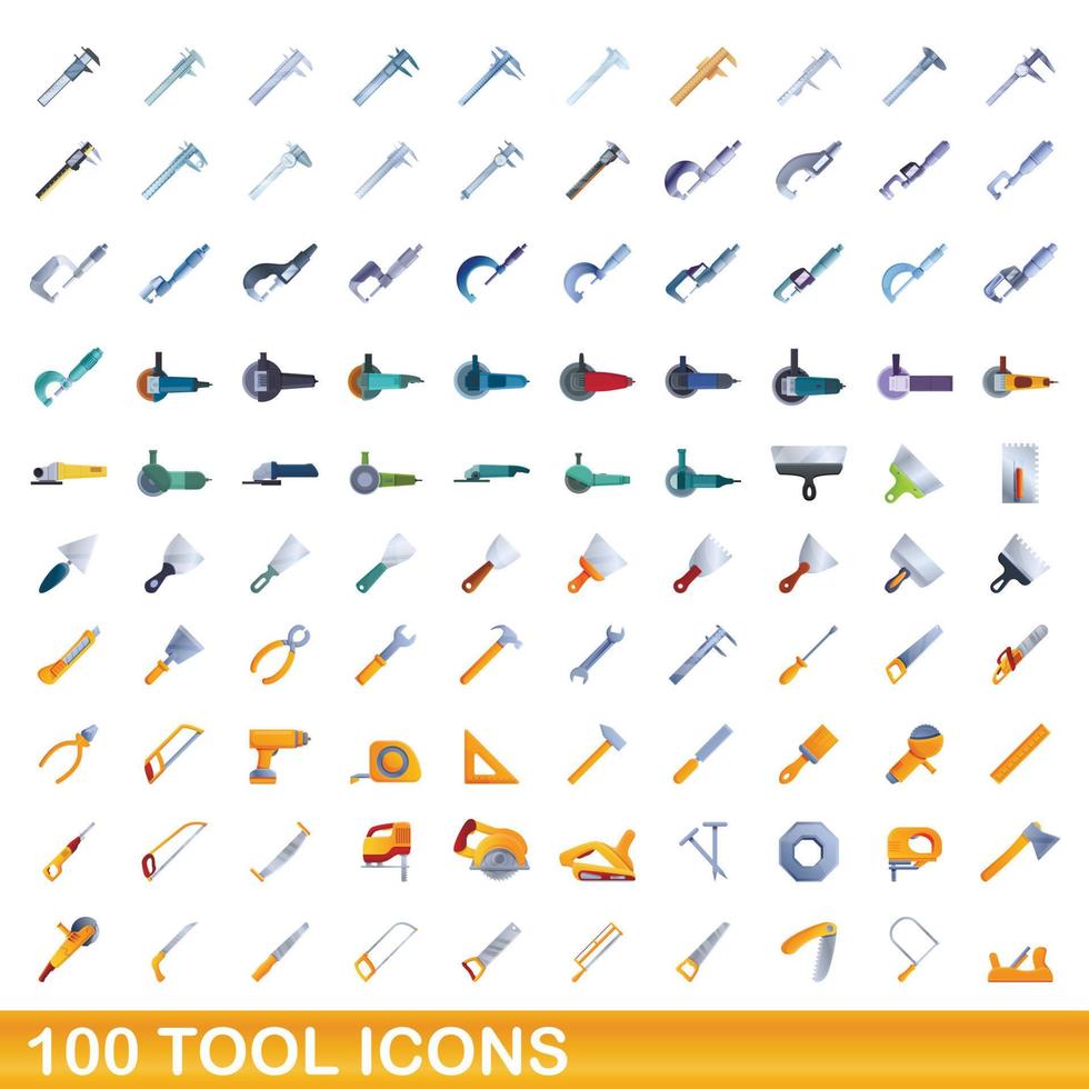 100 iconos de herramientas, estilo de dibujos animados vector