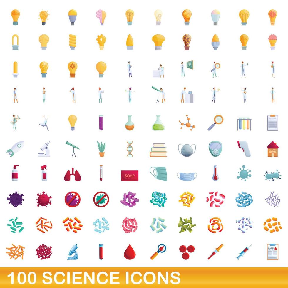 100 science icons set, cartoon style vector
