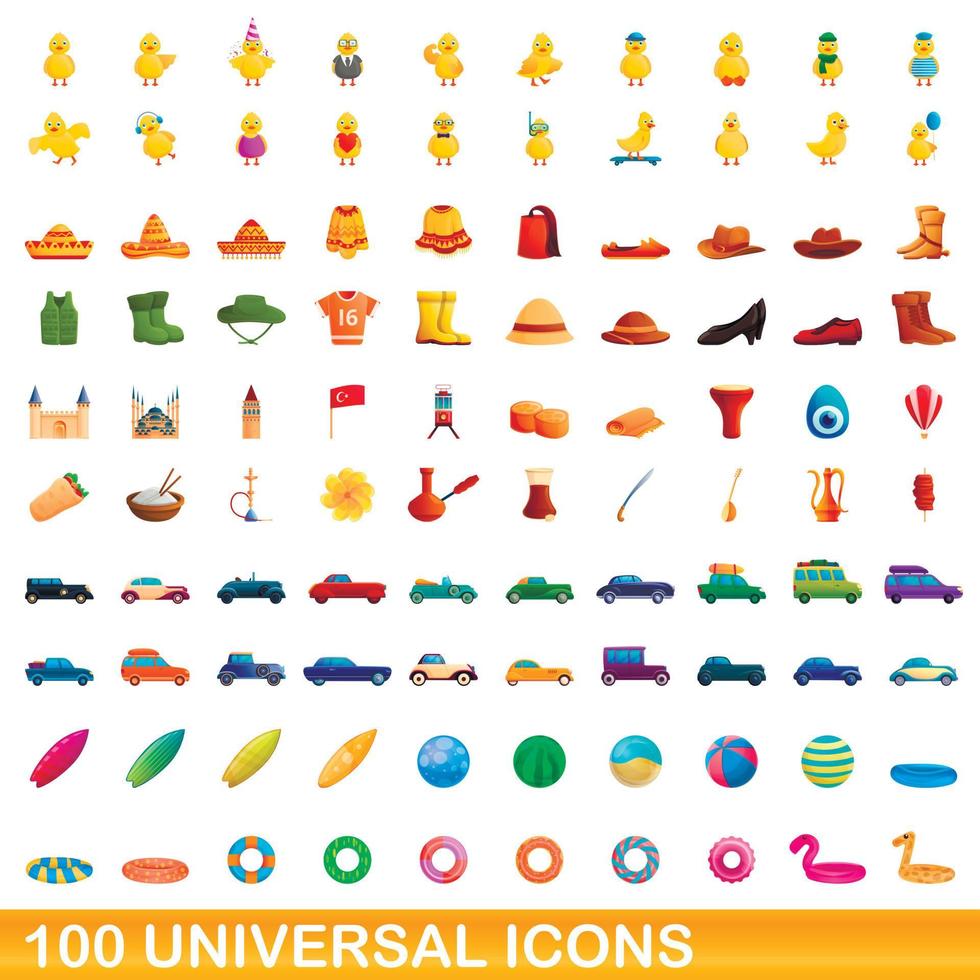 100 iconos universales, estilo de dibujos animados vector