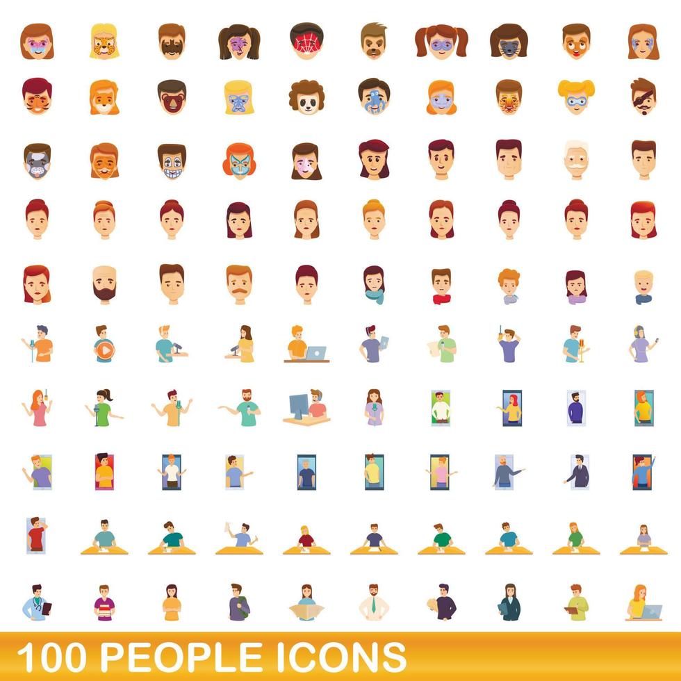 100 people icons set, cartoon style vector