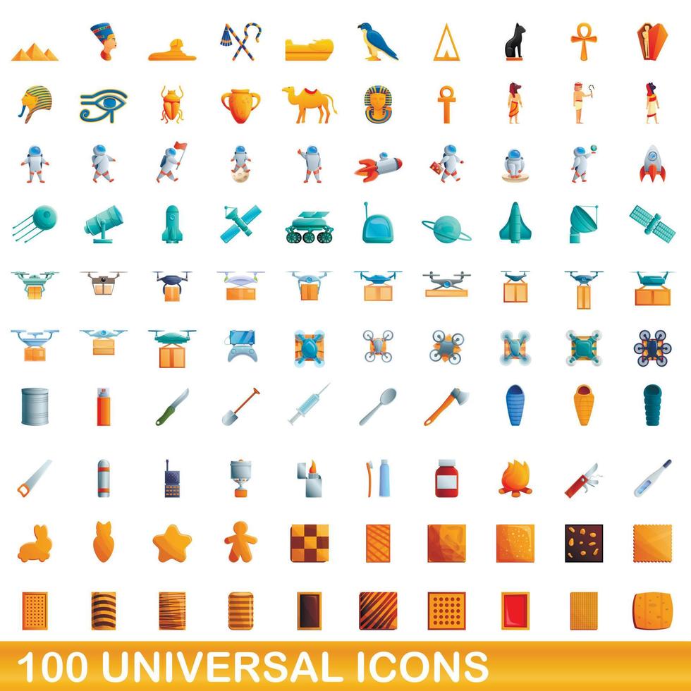 100 universal icons set, cartoon style vector