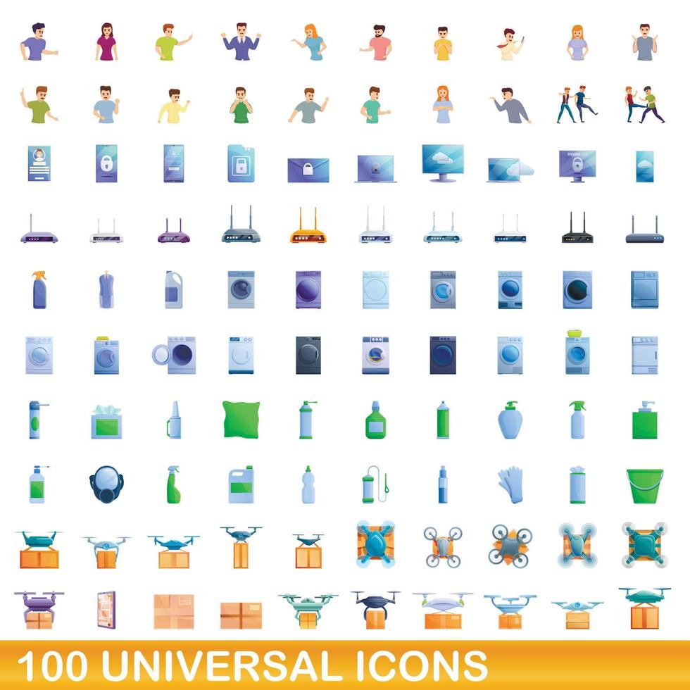 100 universal icons set, cartoon style vector