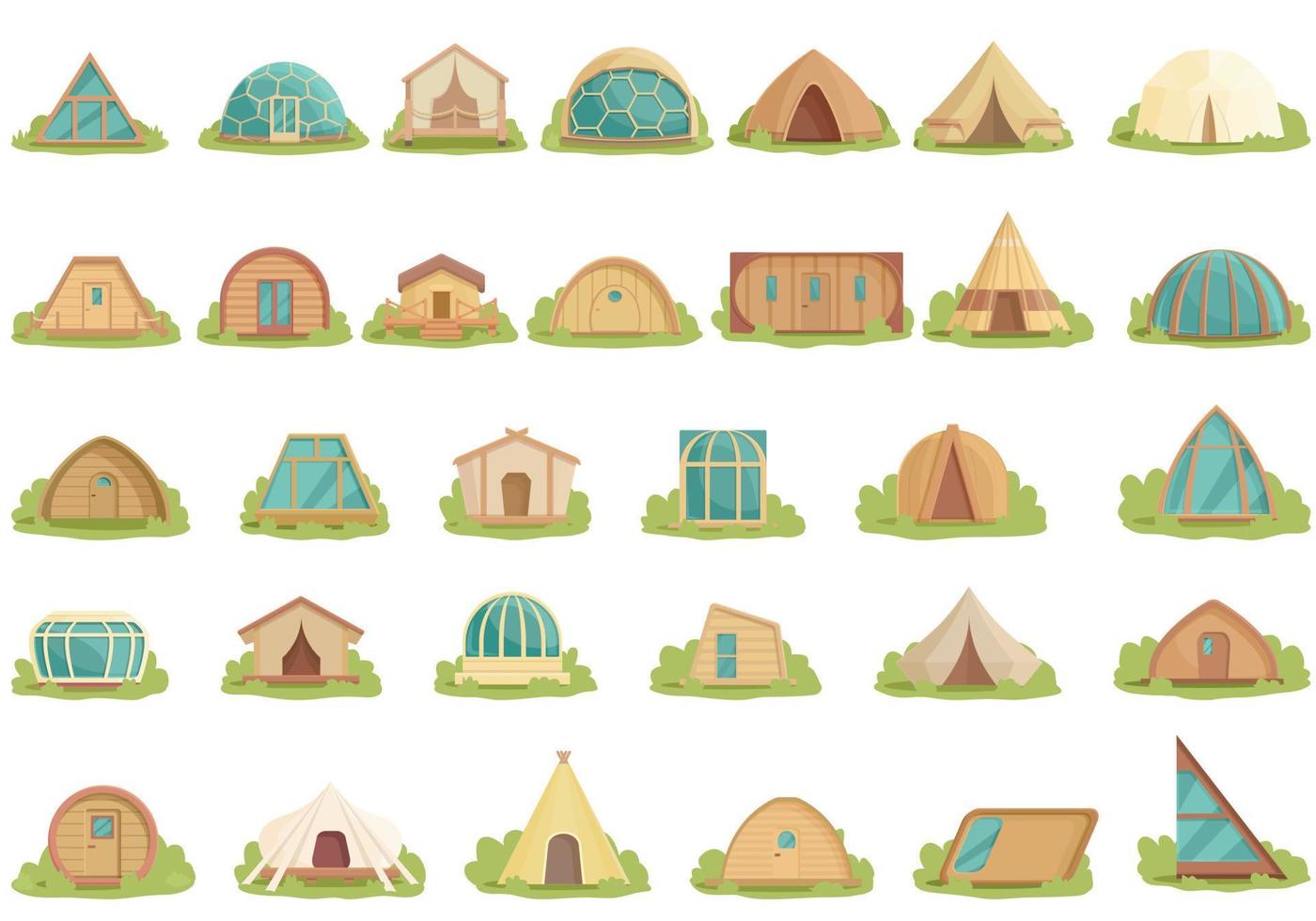 iconos de glamping establecer vector de dibujos animados. tienda de campaña