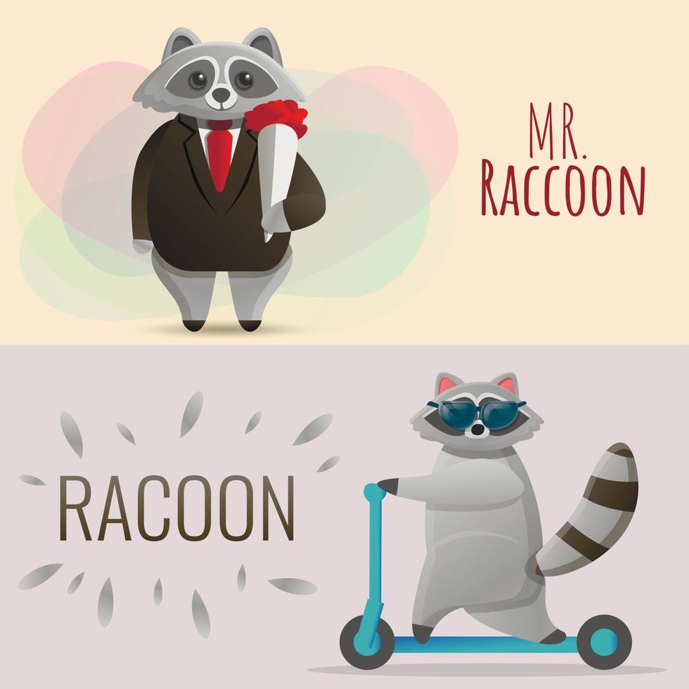 Raccoon banner set, cartoon style vector