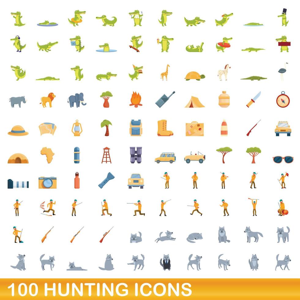 100 iconos de caza, estilo de dibujos animados vector