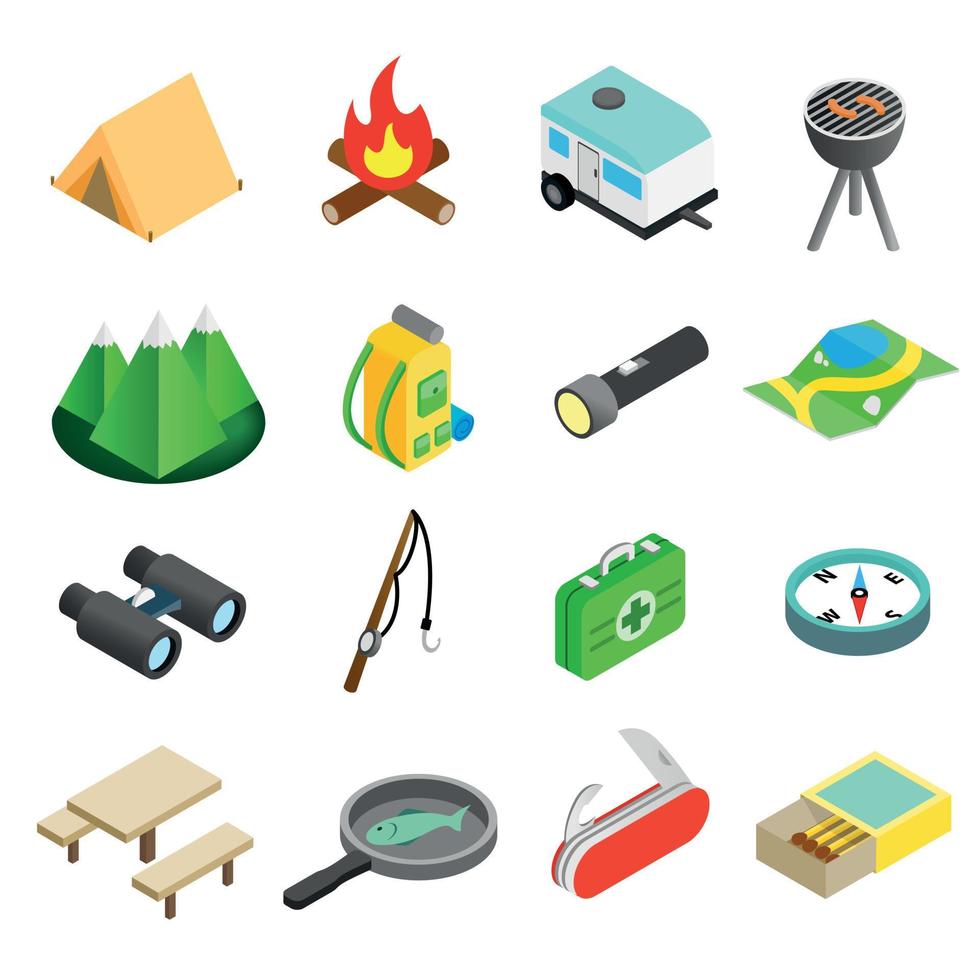 Camping isometric 3d icons vector