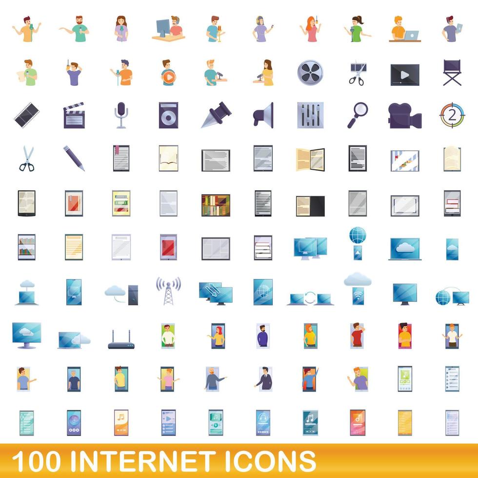 100 internet icons set, cartoon style vector