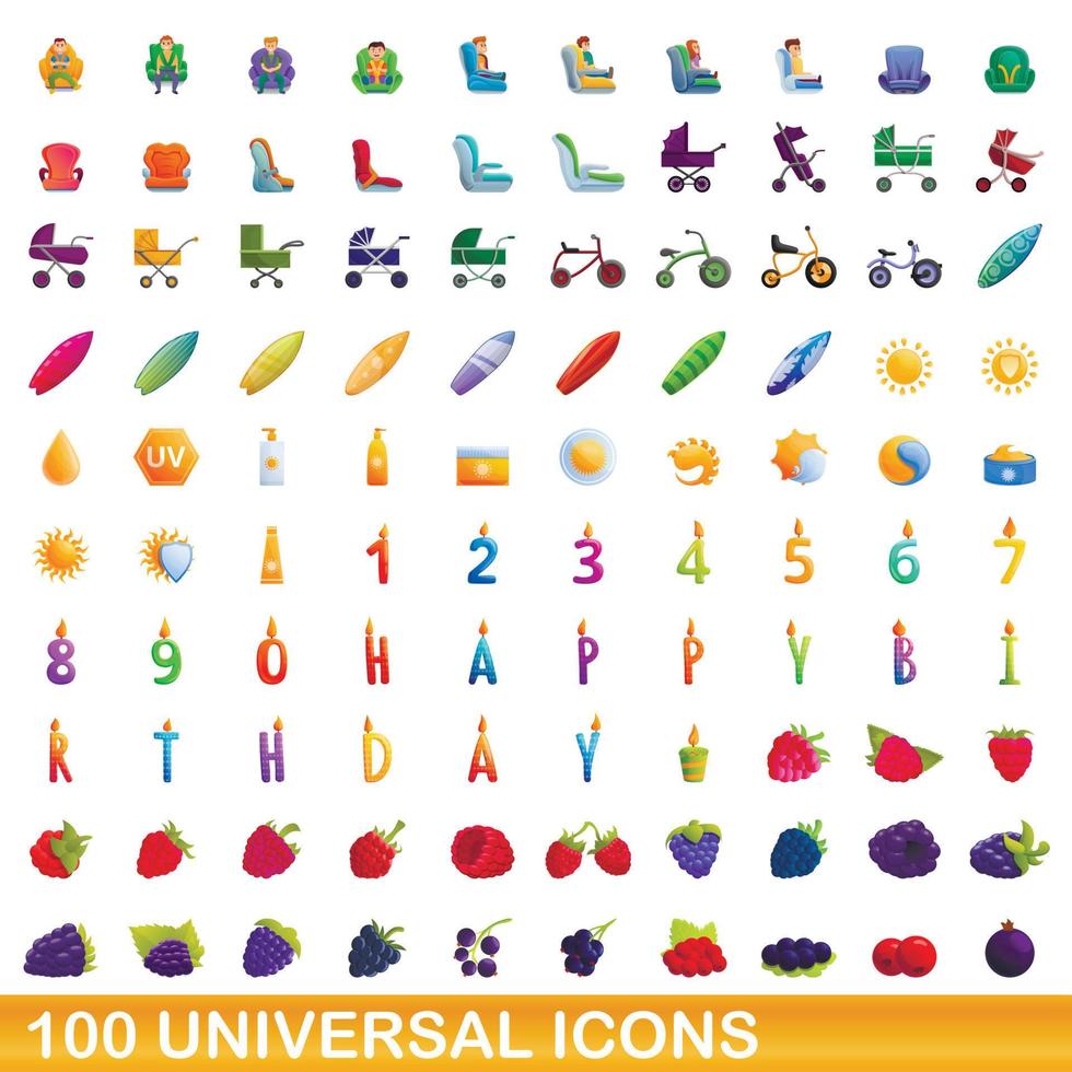 100 iconos universales, estilo de dibujos animados vector