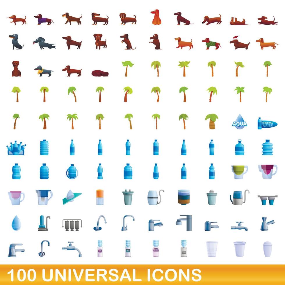 100 iconos universales, estilo de dibujos animados vector