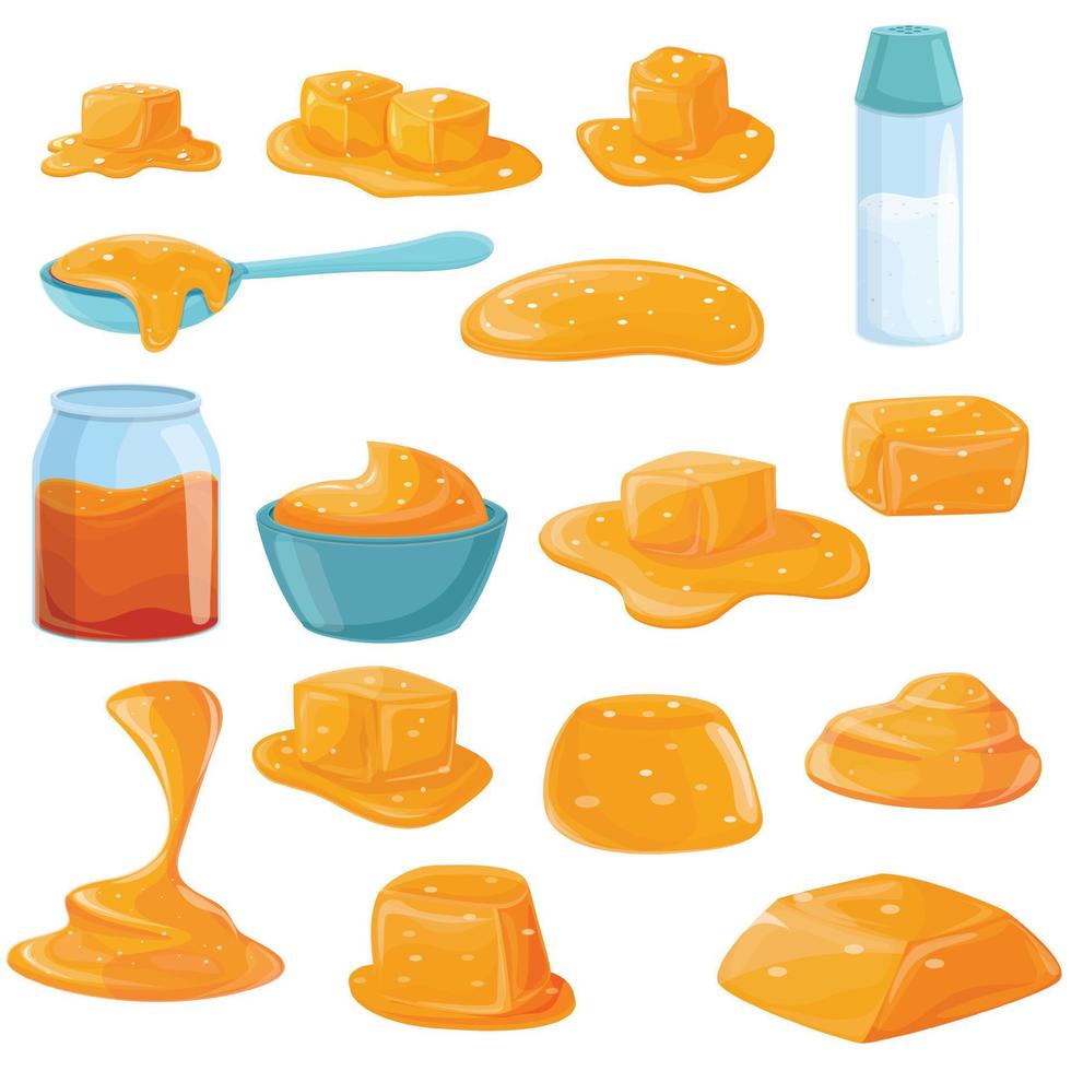 Salted caramel icons set, cartoon style vector