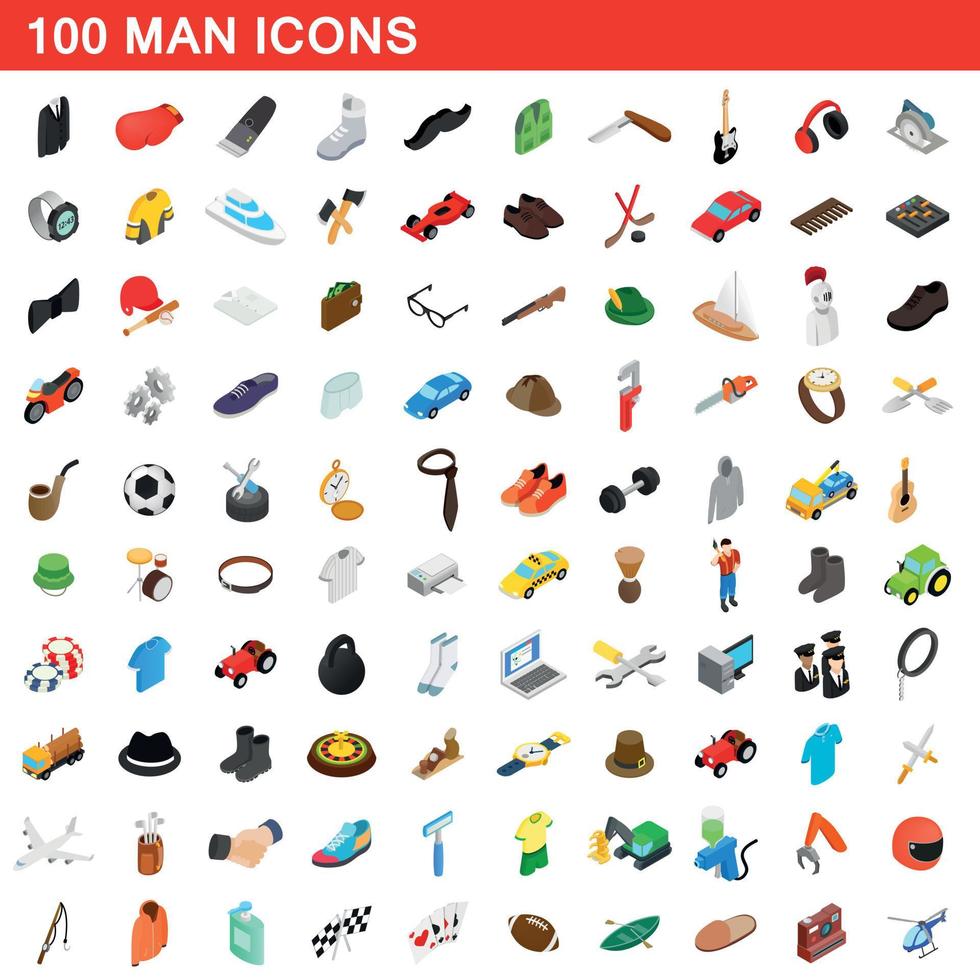 100 man icons set, isometric 3d style vector