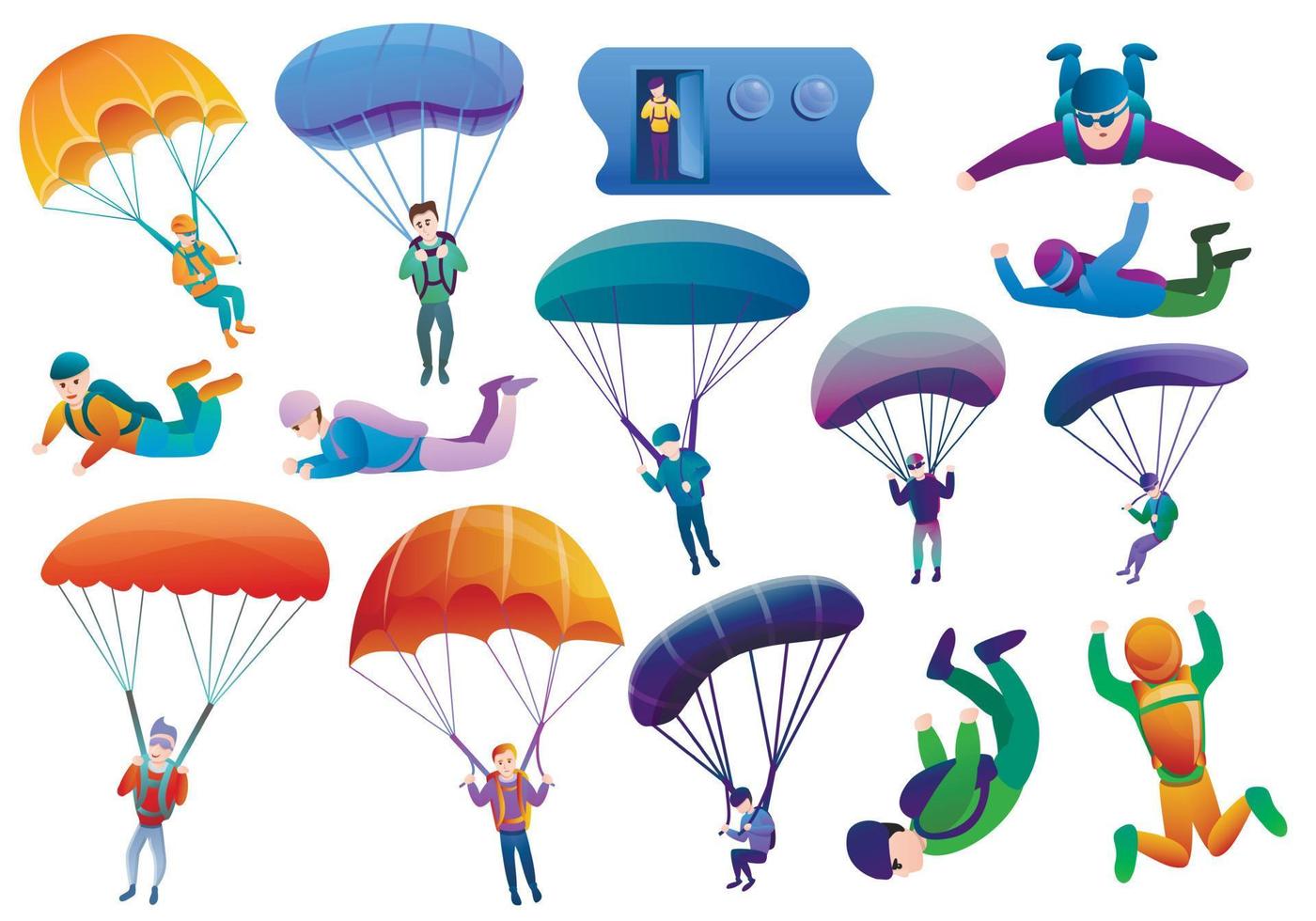 Skydivers icons set, cartoon style vector