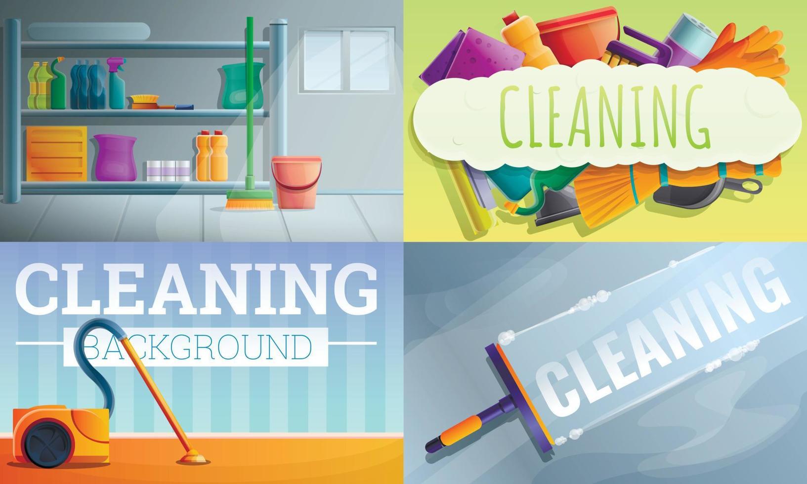 conjunto de banners de equipos de limpieza de casas, estilo de dibujos animados vector