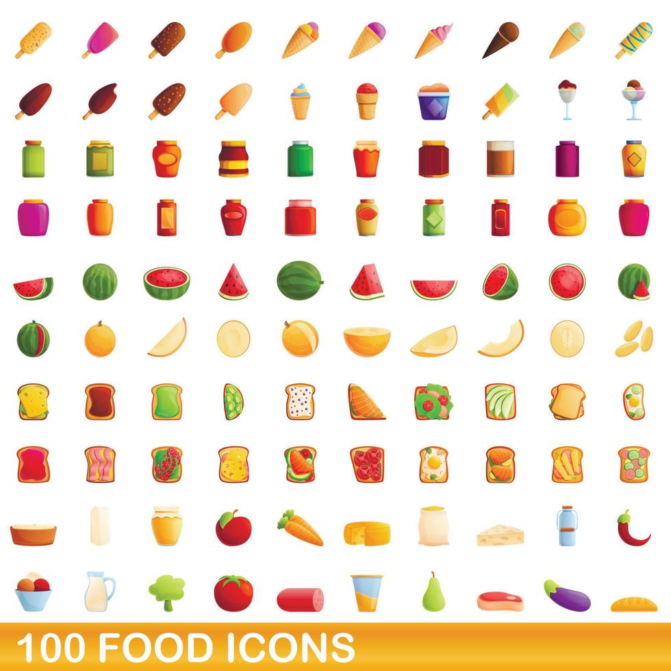 100 iconos de alimentos, estilo de dibujos animados vector