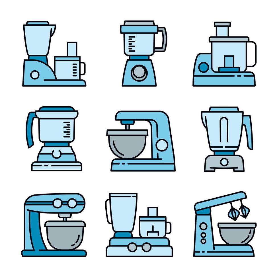 Food processor icons set, outline style vector