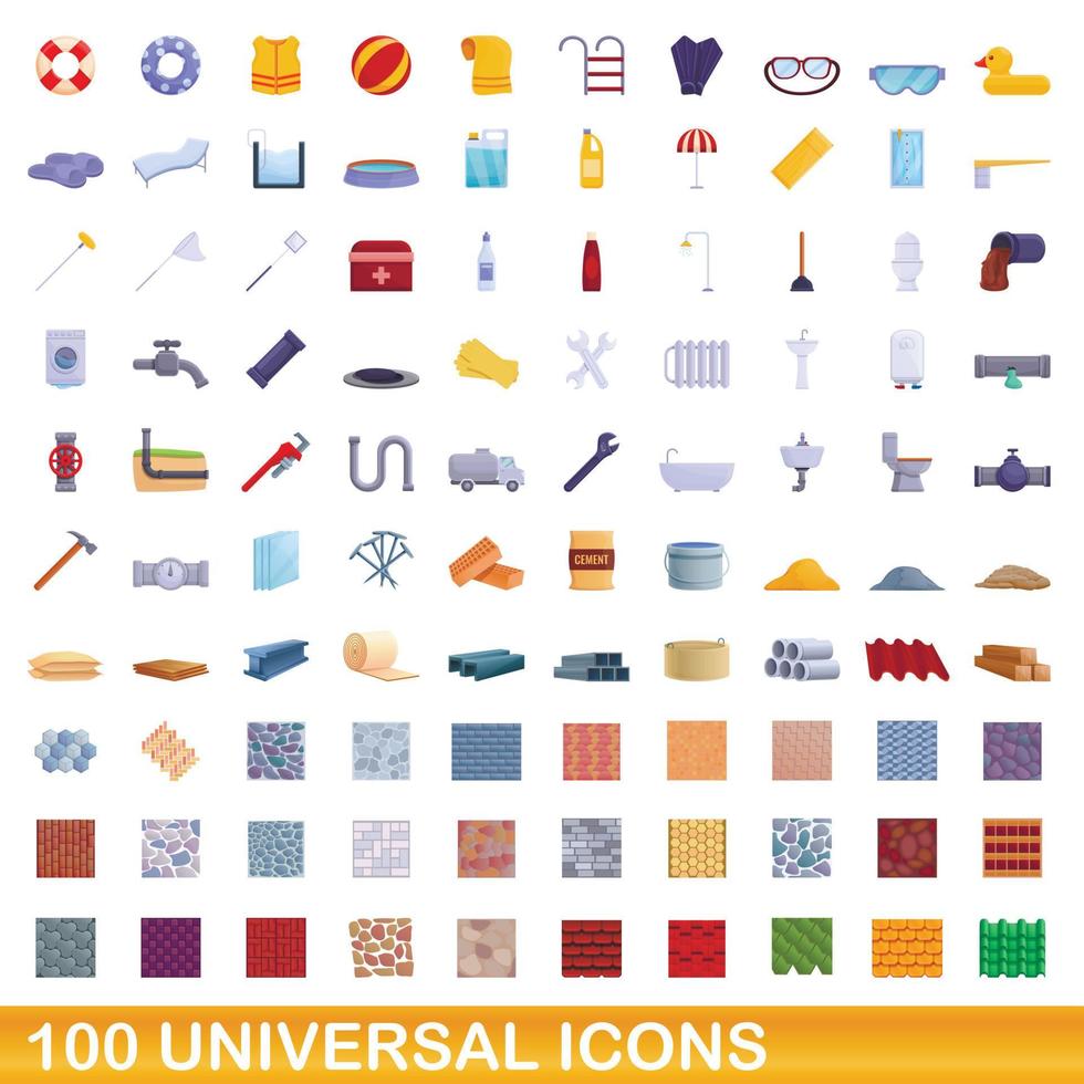 100 universal icons set, cartoon style vector