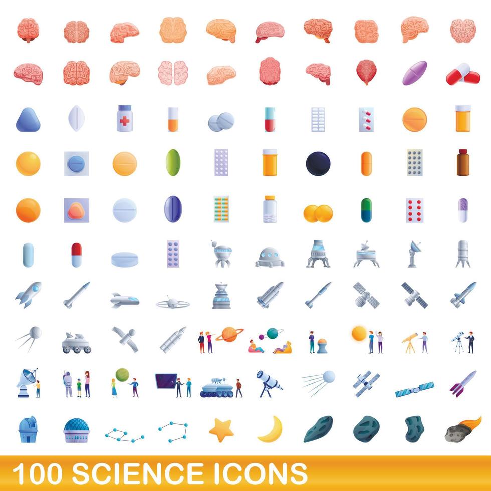 100 science icons set, cartoon style vector
