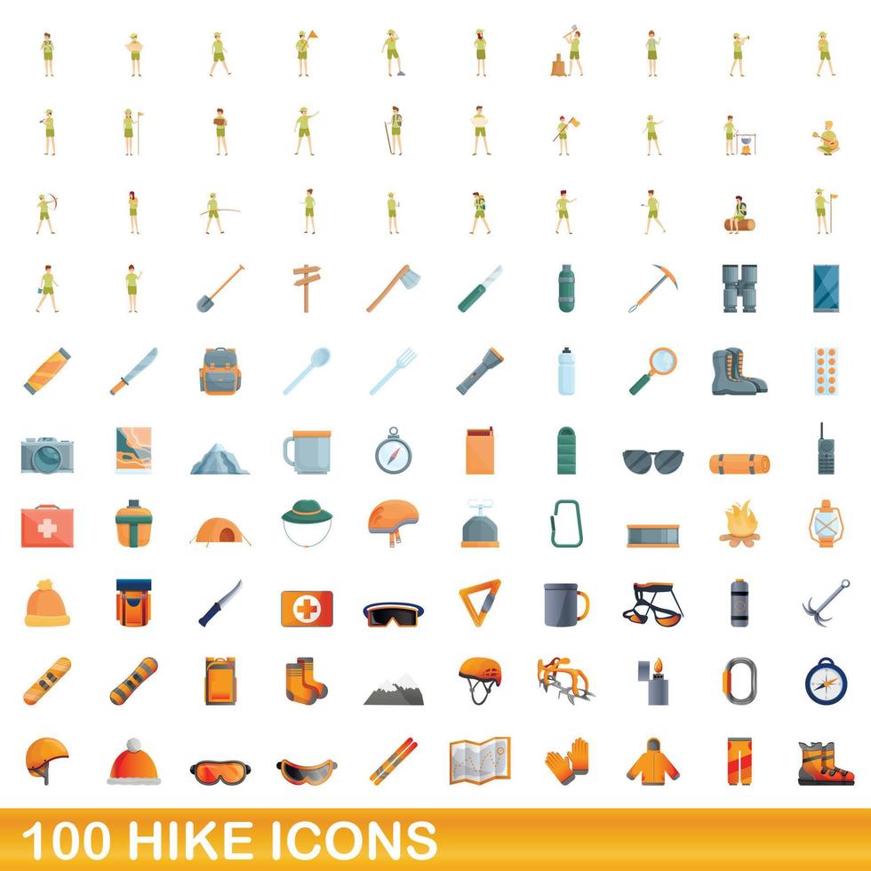 100 iconos de caminata, estilo de dibujos animados vector