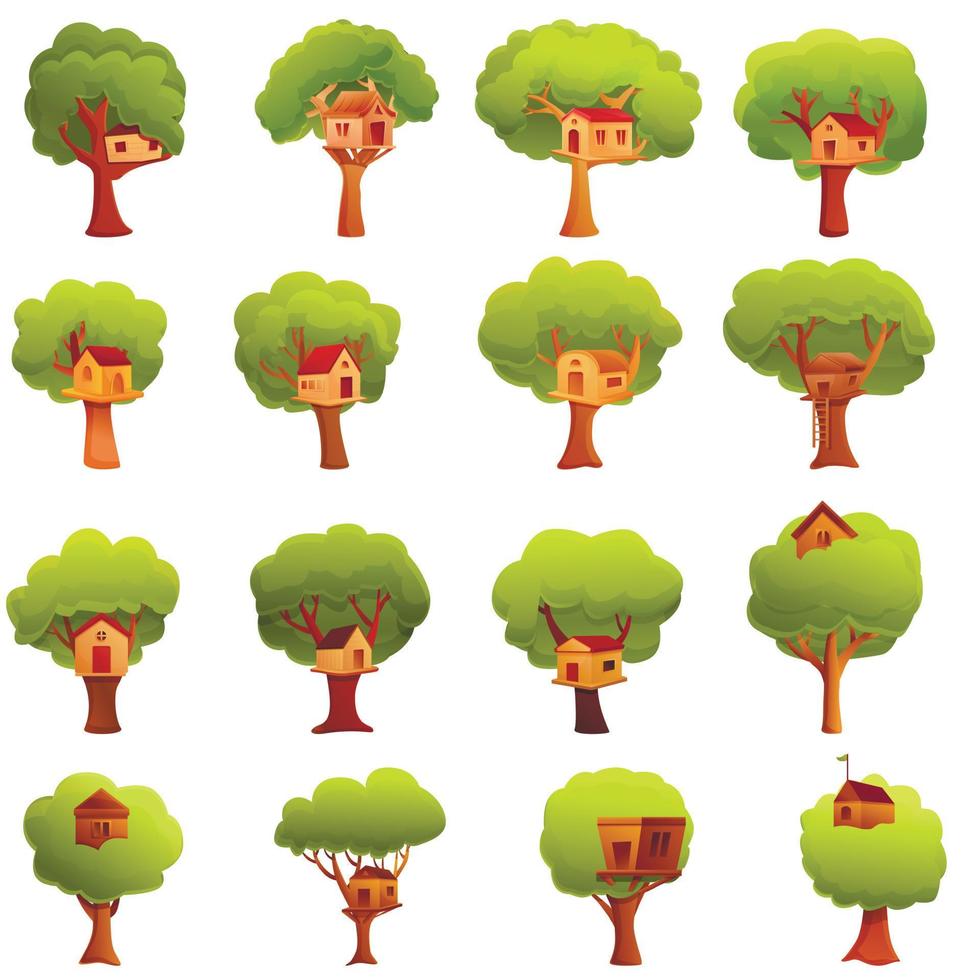 Tree house icons set, cartoon style vector