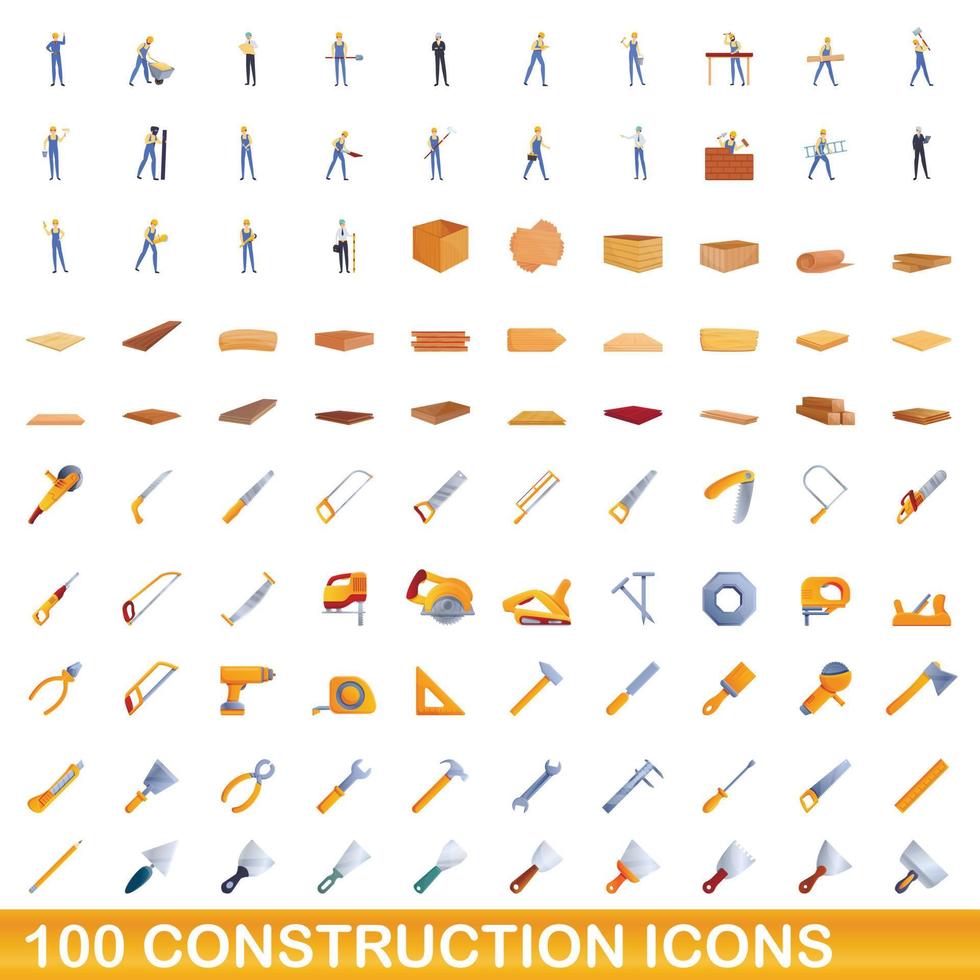 100 construction icons set, cartoon style vector