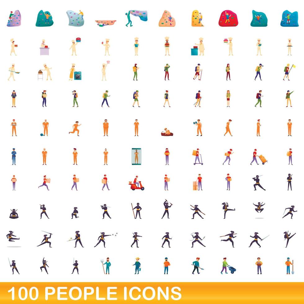 100 people icons set, cartoon style vector
