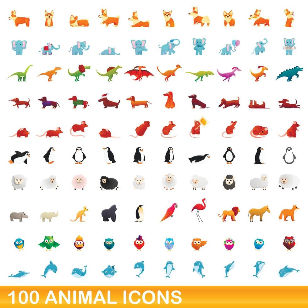 100 animales, conjunto de iconos de estilo de dibujos animados vector