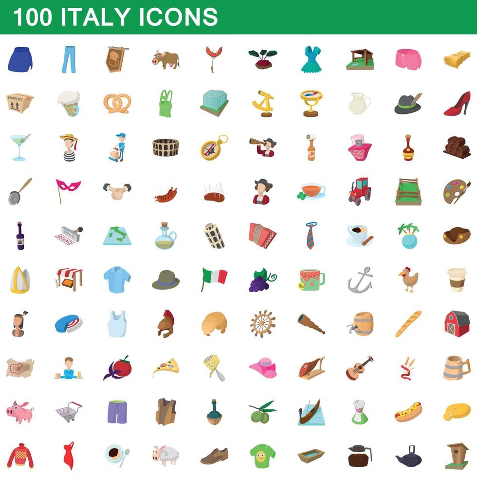 100 italy icons set, cartoon style vector