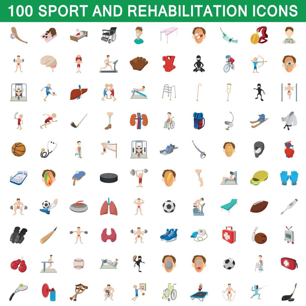 100 juegos de deporte y rehabilitación, estilo de dibujos animados vector