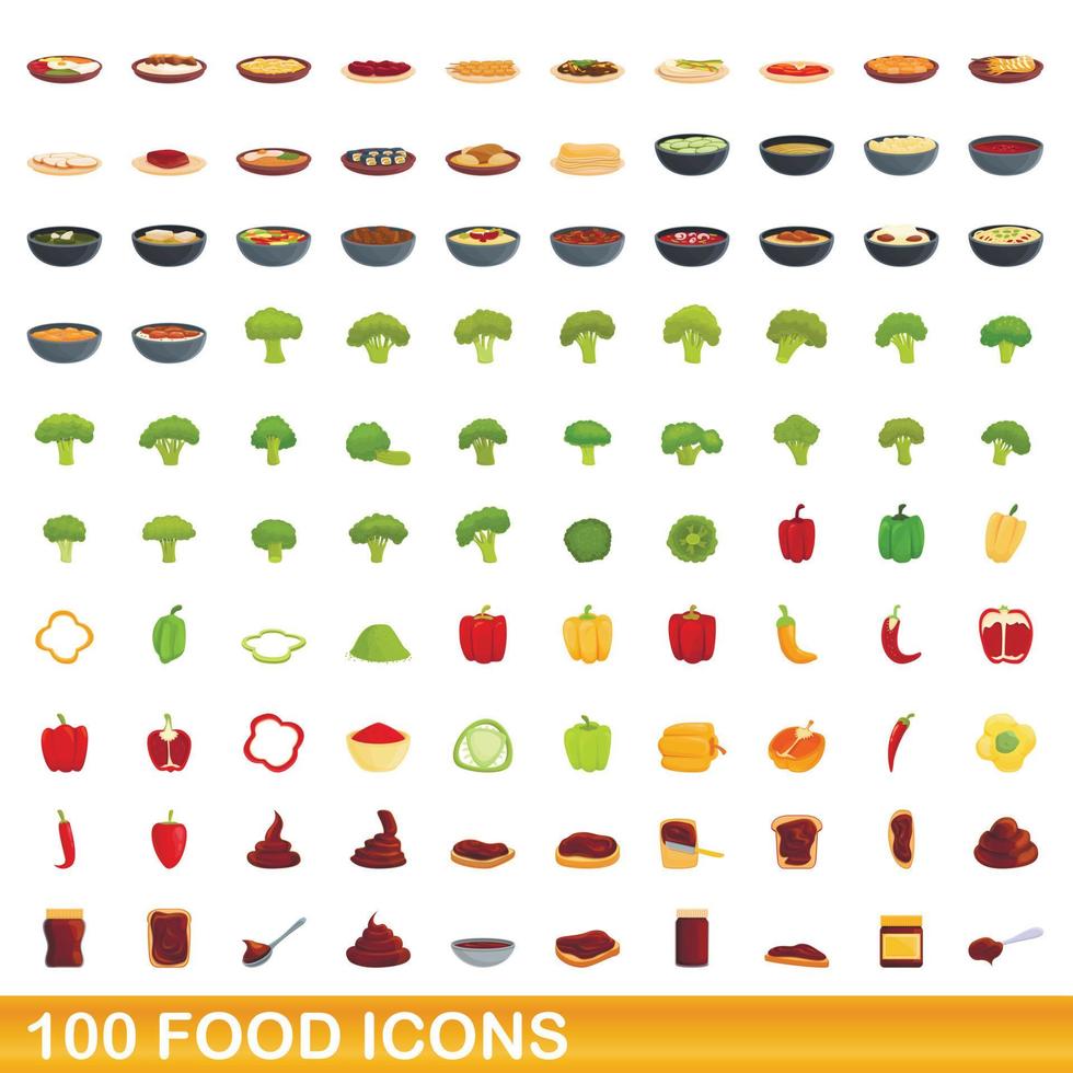 100 iconos de alimentos, estilo de dibujos animados vector