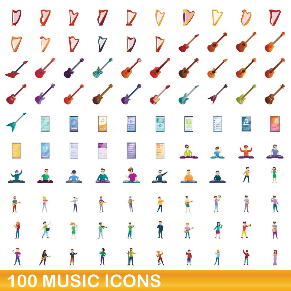 100 music icons set, cartoon style vector