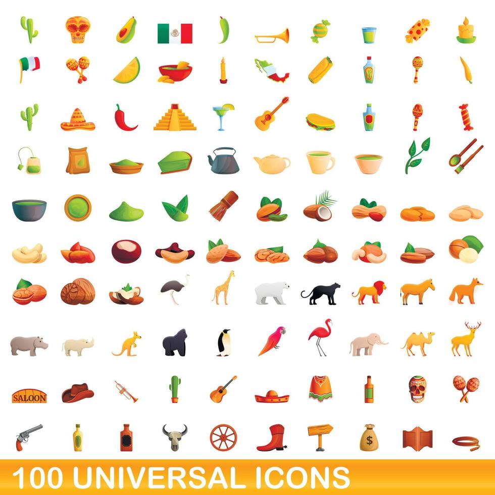 100 universal icons set, cartoon style vector