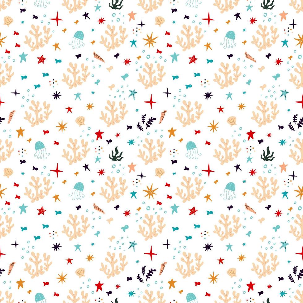 pattern of shells, corals and marine animals. Seamless background sea life vector
