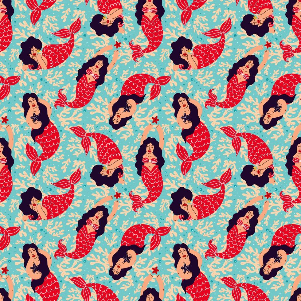 Seamless pattern with brunette mermaids and corals on a blue background vector