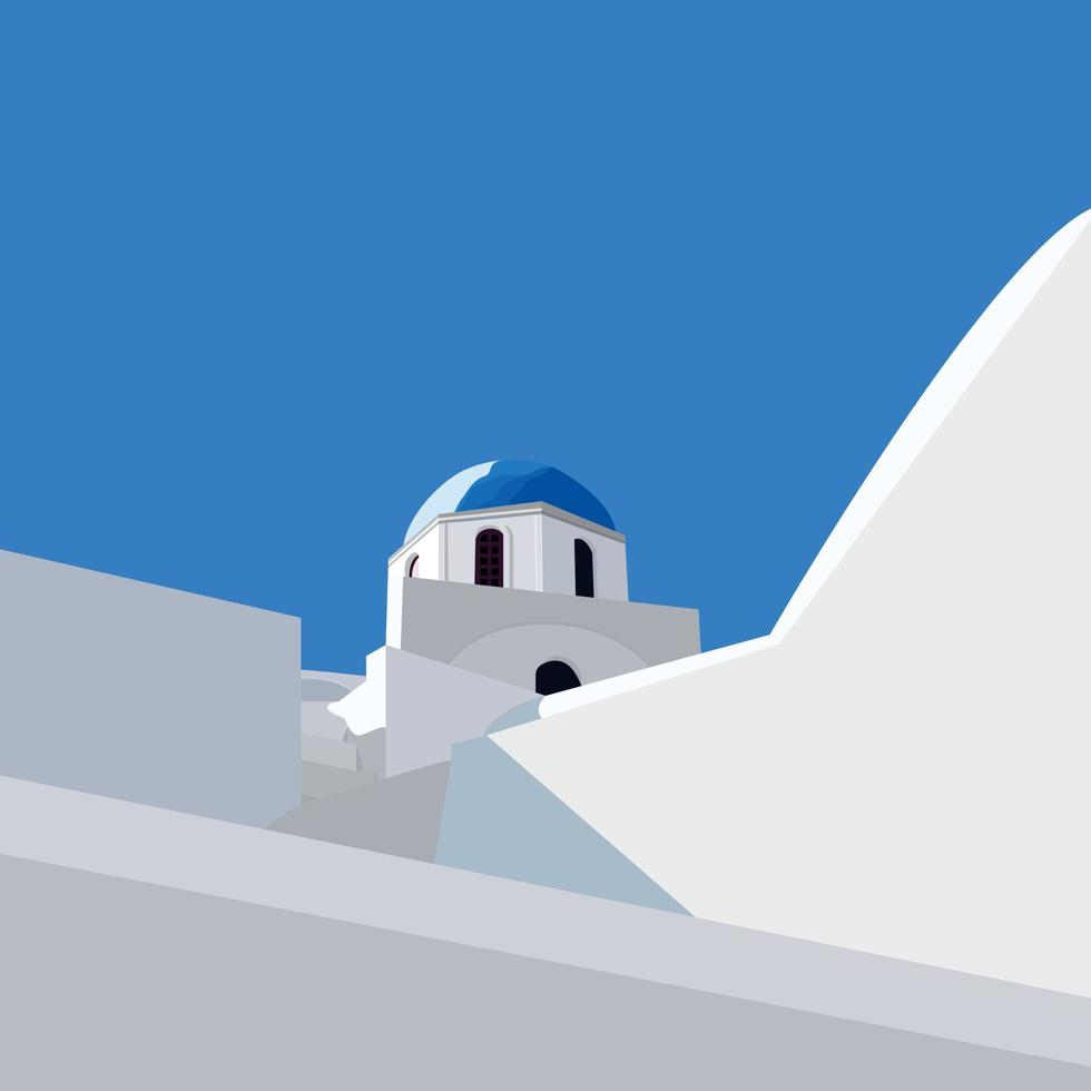 Vector illustration of Santorini island, Greece.  Traditional  churche with blue domes. Blue sky. Illustration for cards, posters or background.