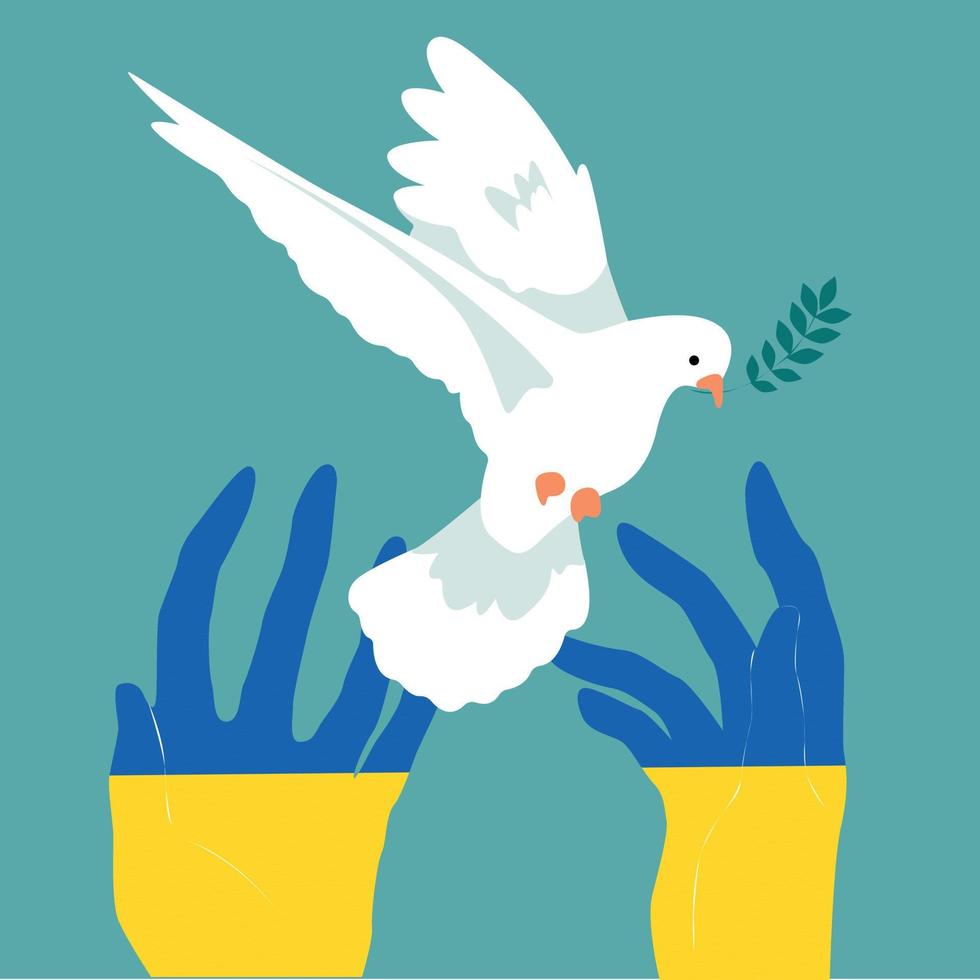 Pray for peace Ukraine. Yellow-blue flag of Ukraine. Support Ukraine. No war sign. Flying bird as a symbol of peace. Vector illustration.