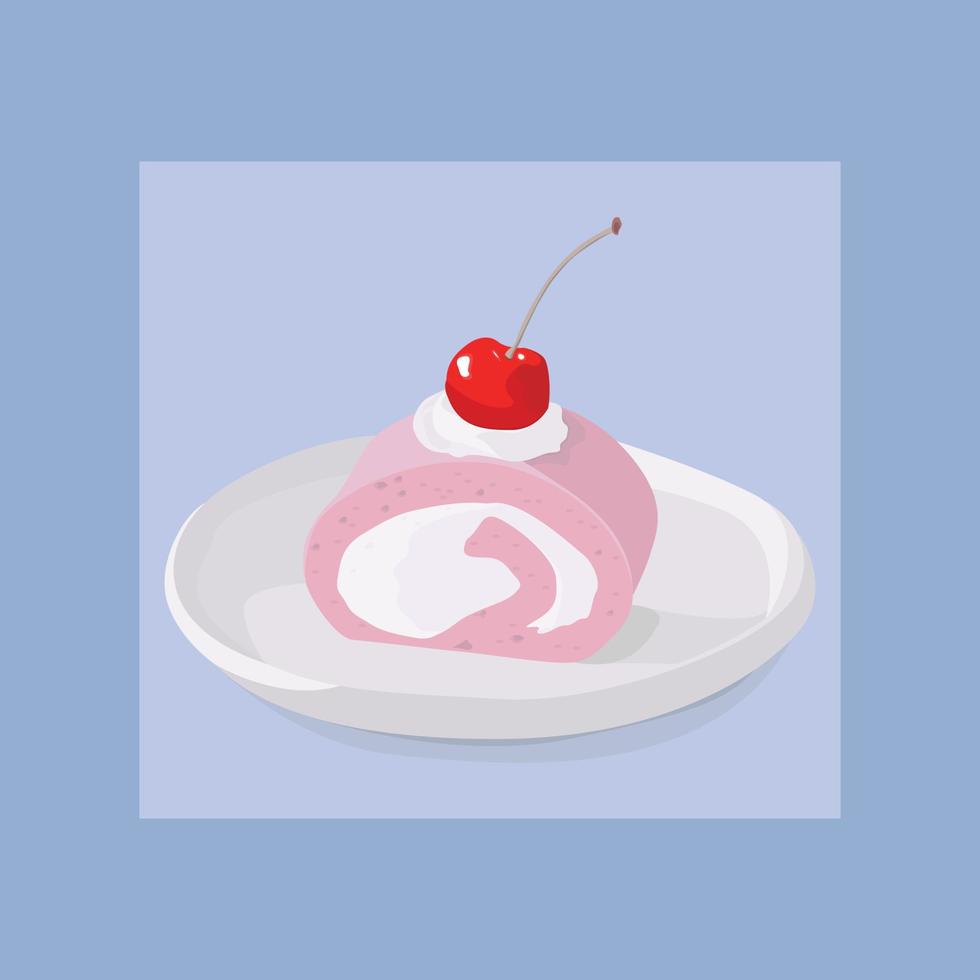 rollo de crema rosa con cereza. torta japonesa con crema. postre coreano. ilustración de vector de postre dulce tradicional.