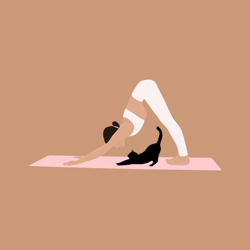 Girl and cat do yoga. Downward-facing dog Pose. Pilates, fitness.  Trendy minimalistic pastel terracotta colored vector illustration. For  poster, sticker, T-shirt, design. Fashion illustration.