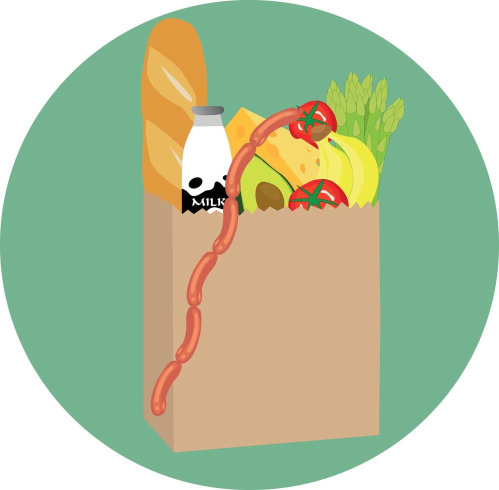 Paper bag with supermarket products. Icon grosery store. vector