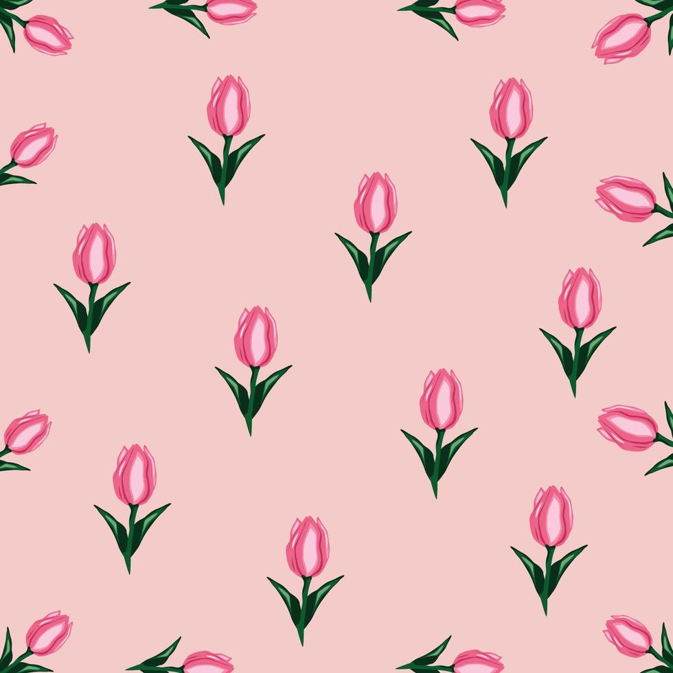 Tulip Seamless Pattern on pink background. Spring flowers print. Perfect template for fashion fabrics, wrapping paper, book covers, magazines. Vector illustration. Floral pattern with pink tulips.