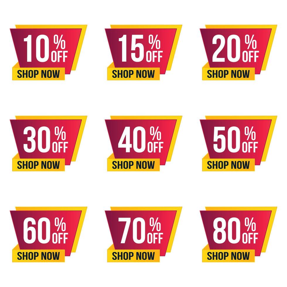 Sale tags set vector badges up to 10 off, 15,20,30,40,50,70,80 percent off shop now sale and discount offer banner design.