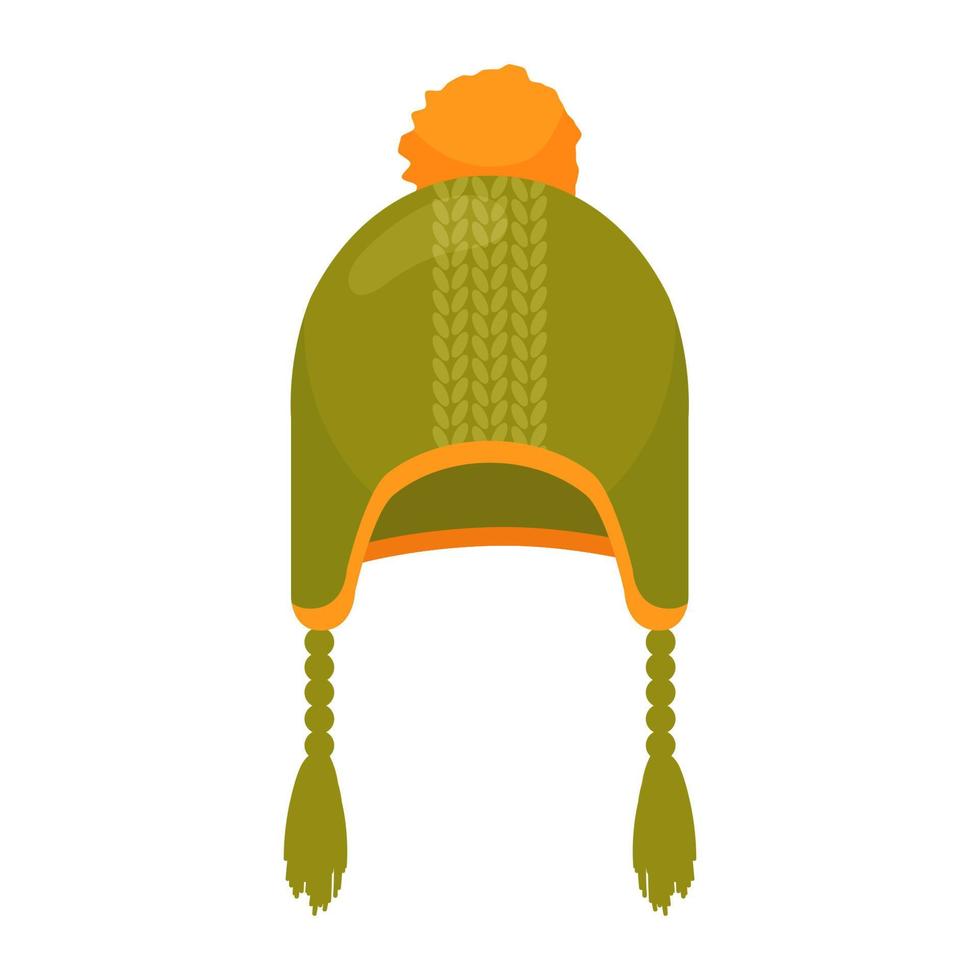 Cartoon childrens autumn or winter green hat with ears. Vector clipart for autumn or winter design.