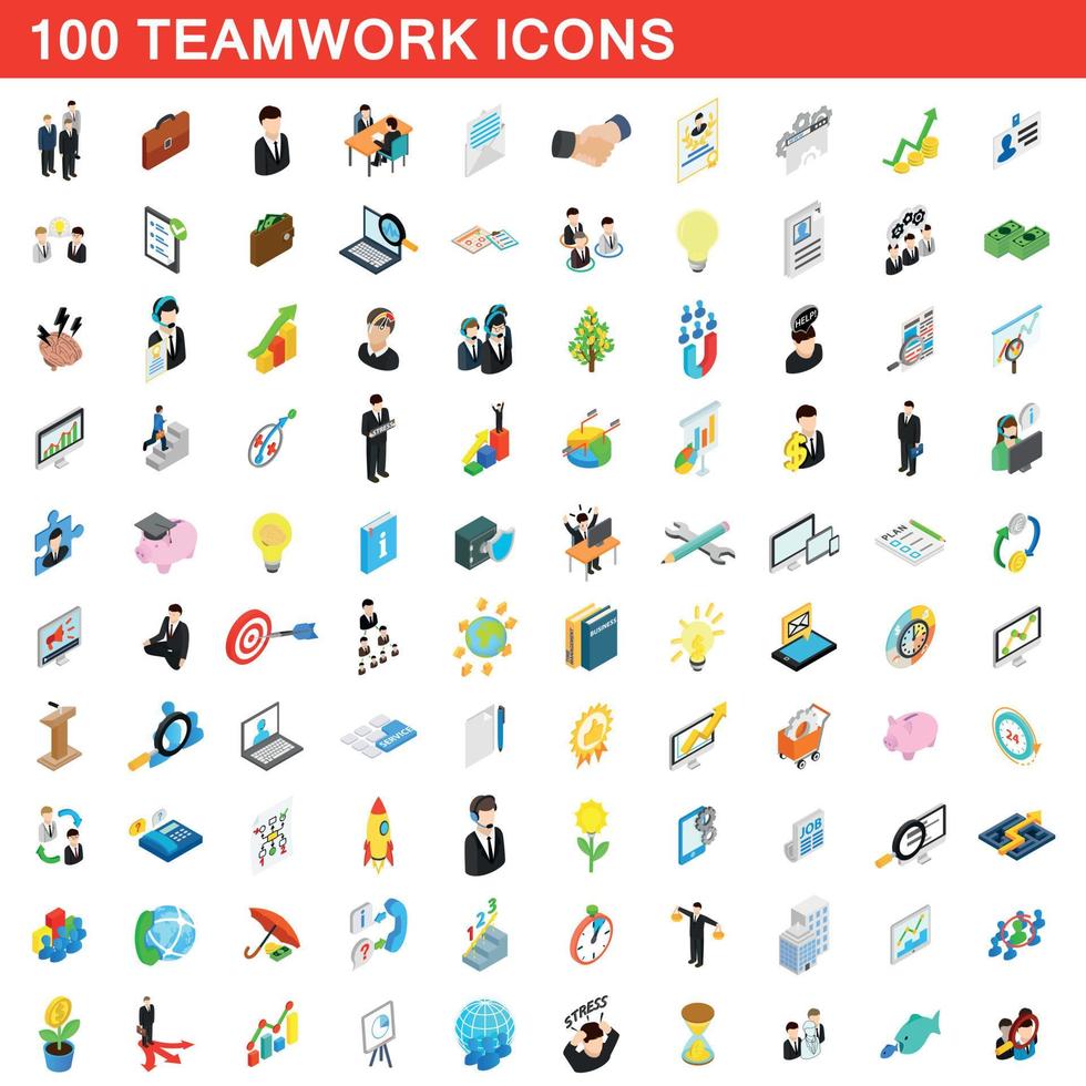 100 iconos de trabajo en equipo, estilo isométrico 3d vector